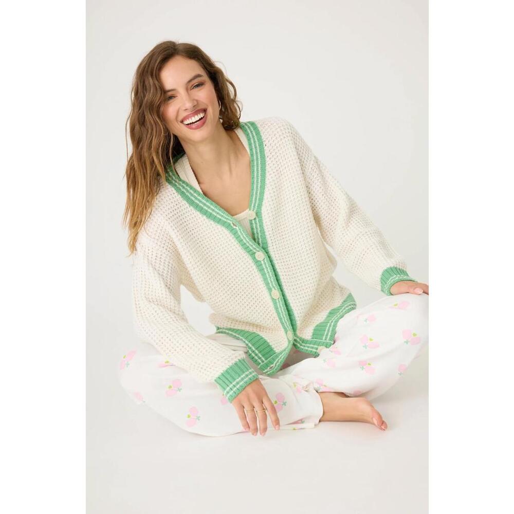 NWT! PJ Salvage Happiest On The Court Waffle Stitch Green/Ivory Cardigan Size XL